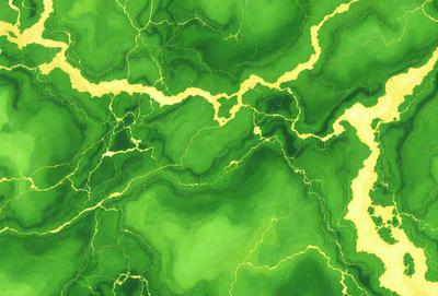 The image features a green and yellow landscape with a variety of lines and shapes. The primary subject is a close-up of the green and yellow landscape, which appears to be a painting or drawing. The setting is a natural environment with a mix of green and yellow colors, creating a vibrant and lively atmosphere. The visual style is a combination of artistic elements, such as lines and shapes, which contribute to the overall aesthetic of the image.