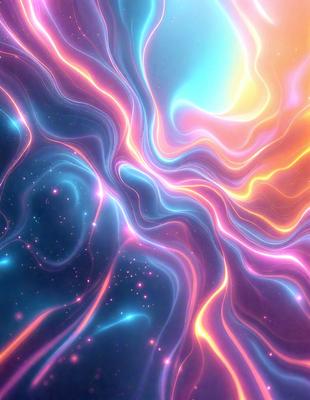 The primary subject of the image is a vibrant, colorful, and abstract design. The setting is a space with a backdrop of stars, creating a celestial atmosphere. The visual style is a combination of digital art and illustration, with a focus on the intricate patterns and colors. The dominant colors are pink, blue, and orange, giving the image a lively and energetic mood.