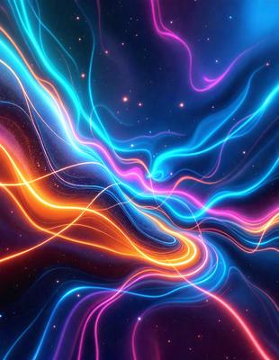 The primary subject of the image is a vibrant and colorful nebula, which is the main object, scene, or focus of the image. The setting or background features a dark, starry sky, creating a contrasting and dramatic backdrop. The visual style of the image is digital art, as it is a computer-generated or digitally created piece. The dominant colors and overall atmosphere of the image are bright, lively, and energetic, with the nebula's colors and the starry sky