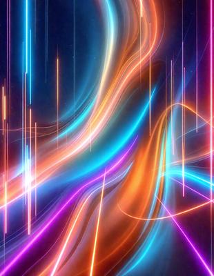 The primary subject of the image is a vibrant and colorful abstract artwork. The setting is a dark background, which contrasts with the bright and lively colors of the artwork. The visual style is a mix of digital art and illustration, creating a unique and eye-catching piece. The dominant colors are blue, orange, and purple, which contribute to a lively and energetic atmosphere.