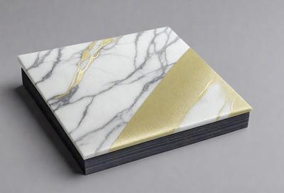The primary subject of the image is a book cover featuring a combination of white and gold marble, with a gold triangle on the side. The setting is a table, and the visual style appears to be a photo. The colors and mood of the image are elegant and sophisticated, with the white marble and gold accents creating a luxurious and high-quality appearance.