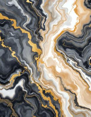 The primary subject of the image is a marble-like stone with a gold and black color scheme. The setting is a rocky surface, and the visual style appears to be a combination of a photo and digital art. The dominant colors are gold and black, creating a striking and elegant appearance.