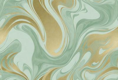 The primary subject of the image is a patterned wallpaper with a gold and green color scheme. The setting is a room with a green and gold wallpapered wall. The visual style is a patterned wallpaper, which gives the room a unique and artistic atmosphere. The dominant colors are gold and green, creating a warm and inviting environment.