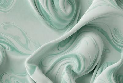 The primary subject of the image is a close-up of a white and green fabric, possibly a piece of clothing or a curtain. The setting is a room with a wall, and the visual style appears to be a digital art or illustration. The colors and mood of the image are predominantly white and green, creating a calm and serene atmosphere.