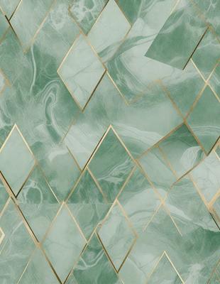The primary subject of the image is a green and gold marble wallpaper with a geometric pattern. The setting is a room with a green and gold marble wallpapered wall. The visual style is a close-up of the wallpaper, showcasing the intricate design. The dominant colors are green and gold, creating a warm and inviting atmosphere.