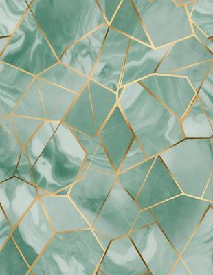 The primary subject of the image is a green and gold patterned wallpaper. The setting is a bathroom, with the wallpaper covering the walls. The visual style is a close-up of the wallpaper, showcasing its intricate design. The dominant colors are green and gold, creating a warm and inviting atmosphere.