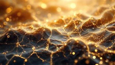 The primary subject of the image is a mountainous landscape with a golden, shimmering appearance. The setting is a black background, which contrasts with the vibrant colors of the mountain range. The visual style is a combination of photo and digital art, creating a unique and captivating scene. The dominant colors are gold and black, giving the image a warm and dramatic atmosphere.