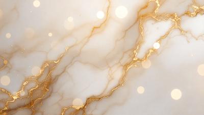 The primary subject of the image is a marble wall with gold accents. The setting is a room with a white background. The visual style is a combination of photo and digital art, creating a unique and elegant appearance. The dominant colors are white and gold, giving the scene a luxurious and sophisticated mood.