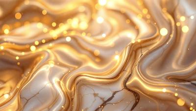 The primary subject of the image is a close-up of a marble surface with a gold-like pattern. The setting is a room with a marble wall, and the visual style is a combination of a photo and digital art. The colors and mood of the image are warm and inviting, with the gold-like pattern creating a sense of luxury and elegance.