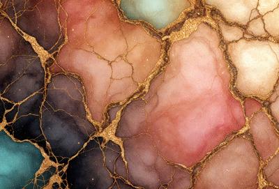 The primary subject of the image is a close-up of a marbled surface, which appears to be a piece of marble or a marbled wall. The setting is a room with a marbled wall, and the visual style is a close-up of the marbled surface. The colors and mood of the image are predominantly pink and gold, giving it a warm and luxurious appearance.