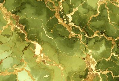 The primary subject of the image is a close-up of a green marble wall with gold accents. The setting is a room with a green marble wall, and the visual style is a close-up of the wall. The dominant colors are green and gold, creating a luxurious and elegant atmosphere.