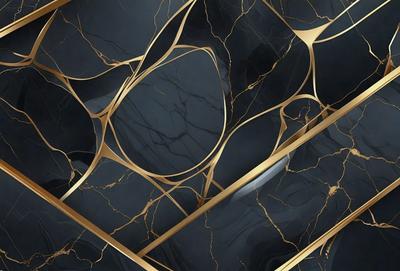 The primary subject of the image is a black and gold marble-like surface. The setting is a room with a black and gold marble wall, which serves as the background. The visual style is a combination of a photo and digital art, creating a unique and intricate pattern. The colors and mood of the image are predominantly black and gold, giving it a luxurious and elegant appearance.