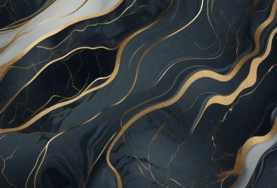The primary subject of the image is a marble countertop with a gold-colored design. The setting is a kitchen, and the visual style is a close-up of the marble countertop. The colors and mood of the image are predominantly black and gold, giving it a luxurious and elegant appearance.
