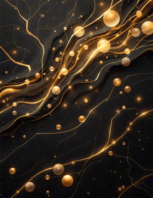The primary subject of the image is a pattern of golden lights, which are likely a part of a digital art or illustration. The setting is a black background, which contrasts with the golden lights. The visual style is a combination of digital art and illustration, creating a unique and eye-catching pattern. The colors and mood of the image are predominantly golden and vibrant, giving the impression of a warm and inviting atmosphere.