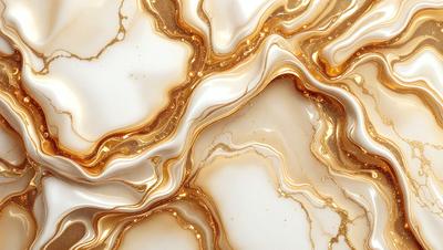 The primary subject of the image is a marble-like surface with gold and white colors. The setting is a close-up of the marble, showcasing its intricate patterns and textures. The visual style is a combination of a photo and digital art, creating a realistic yet artistic representation of the marble. The colors and mood of the image are warm and elegant, evoking a sense of luxury and sophistication.