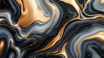 The primary subject of the image is a close-up of a gold and black marbled pattern. The setting is a black and gold background, which creates a striking contrast with the pattern. The visual style is a combination of digital art and illustration, giving the image a unique and artistic appearance. The dominant colors are gold and black, creating a luxurious and elegant mood.