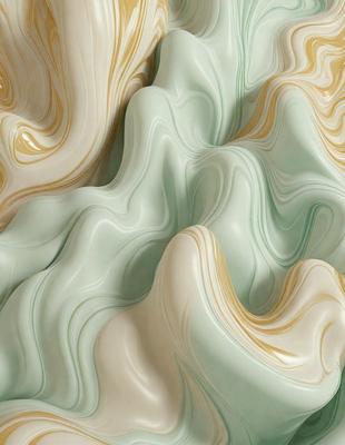 The primary subject of the image is a large, curved, and textured piece of artwork, possibly a sculpture or a painting. The artwork is displayed on a green background, which adds a vibrant and lively atmosphere to the scene. The visual style of the image is a combination of photo and digital art, creating a unique and captivating presentation. The colors and mood of the artwork are predominantly green, which adds a sense of freshness and tranquility to the scene.