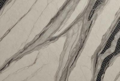 The primary subject of the image is a marble-like surface with a patterned texture. The setting is a room with a white background, and the visual style appears to be a combination of a photo and a drawing. The colors and mood of the image are predominantly white, giving it a clean and elegant appearance.