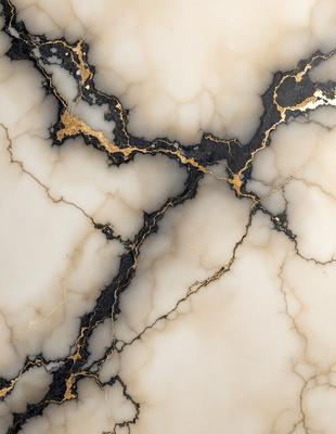 The primary subject of the image is a marble countertop with gold accents. The setting is a kitchen or bathroom, as the countertop is a part of the design. The visual style is a combination of photo and digital art, creating a unique and elegant appearance. The dominant colors are white and gold, giving the countertop a luxurious and sophisticated look.