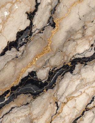 The primary subject of the image is a marble countertop with a gold and black pattern. The setting is a kitchen, and the visual style is a close-up of the marble countertop. The dominant colors are gold and black, creating a luxurious and elegant atmosphere.