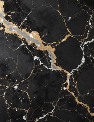 The primary subject of the image is a black and gold marble-like surface. The setting is a black background, and the visual style appears to be a combination of a photo and digital art. The colors and mood of the image are predominantly black and gold, creating a luxurious and elegant atmosphere.