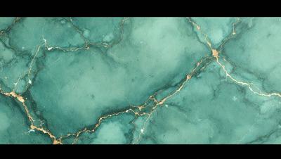The primary subject of the image is a close-up of a green marble wall with gold veins. The setting is a room with a blue-green marble wall, and the visual style is a painting or drawing. The colors and mood of the image are predominantly blue-green and gold, creating a sense of luxury and elegance.