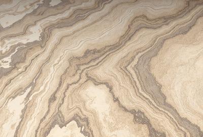 The image features a marble-like surface with a patterned design. The primary subject is the marble-like material, which appears to be a stone or a patterned surface. The setting is a room with a patterned floor, and the visual style is a close-up of the marble-like material. The colors and mood of the image are predominantly earthy tones, giving it a natural and elegant appearance.