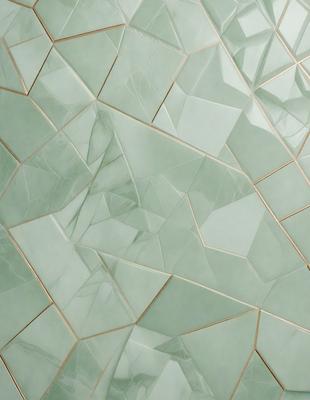The primary subject of the image is a green tile wall with a pattern of triangles. The setting is a bathroom, and the visual style is a close-up of the tile wall. The dominant colors are green and white, creating a calm and soothing atmosphere.