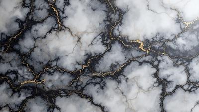 The primary subject of the image is a marble countertop with a gold-like pattern. The setting is a kitchen, and the visual style is a close-up of the marble countertop. The colors and mood of the image are predominantly black and white, with a touch of gold, creating a sophisticated and elegant atmosphere.