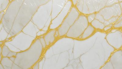 The primary subject of the image is a marble surface with a gold-like pattern. The setting is a white marble countertop, and the visual style is a close-up of the marble surface. The colors and mood of the image are predominantly white and gold, creating a luxurious and elegant atmosphere.
