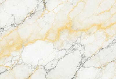 The primary subject of the image is a marble wall with a yellow and white pattern. The setting is a room with a white marble floor. The visual style is a close-up of the marble wall, showcasing its intricate design. The colors and mood of the image are predominantly white and yellow, creating a warm and inviting atmosphere.