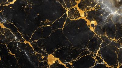 The primary subject of the image is a close-up of a black and gold marble surface. The setting is a dark room, and the visual style appears to be a combination of a photo and digital art. The dominant colors are black and gold, creating a rich and luxurious atmosphere.