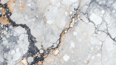 The primary subject of the image is a marble surface with a pattern of black and white spots. The setting is a stone wall, and the visual style is a close-up of the marble surface. The colors and mood of the image are predominantly black and white, giving it a classic and elegant appearance.