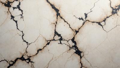 The image features a white marble wall with a unique, textured appearance. The wall appears to be cracked and has a mottled, speckled pattern, giving it a distinctive and artistic look. The primary subject of the image is the marble wall, which serves as the focal point of the scene. The setting is indoors, likely in a room or a building with a similar design. The visual style of the image is a combination of photo and digital art, creating a blend of realism and