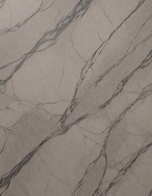 The primary subject of the image is a marble wall with a patterned design. The setting is a room with a marble floor, and the visual style is a close-up of the marble wall. The colors and mood of the image are predominantly gray and neutral, giving it a sophisticated and elegant appearance.