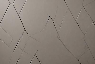 The primary subject of the image is a piece of cardboard with a cracked surface. The setting is a grey background, and the visual style appears to be a photo. The colors and mood of the image are predominantly grey, giving it a somewhat dull and unappealing appearance.