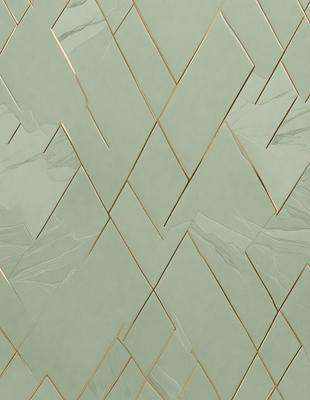 The primary subject of the image is a patterned wall made of tiles. The setting is a room with a green color scheme. The visual style is a combination of digital art and illustration, creating a unique and intricate design. The dominant colors are green and gold, giving the room a warm and inviting atmosphere.