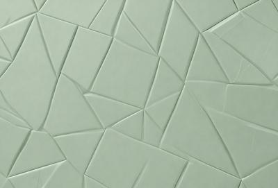 The primary subject of the image is a green wall with a pattern of triangles. The setting is a room with a green background. The visual style is a patterned wall, which gives the room a unique and interesting appearance. The dominant colors are green and white, creating a calm and soothing atmosphere.