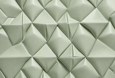 The primary subject of the image is a green wall with a pattern of triangular shapes. The setting is a room with a green wall, and the visual style appears to be a combination of a photo and digital art. The dominant colors are green and white, creating a calm and soothing atmosphere.
