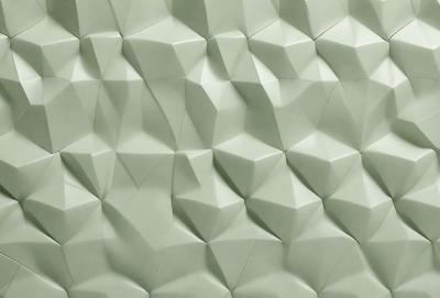 The primary subject of the image is a large, textured wall made of green and white materials. The setting is a room with a green and white wall, which serves as the background. The visual style is a combination of digital art and illustration, creating a unique and intricate pattern on the wall. The dominant colors are green and white, giving the wall a modern and clean appearance.