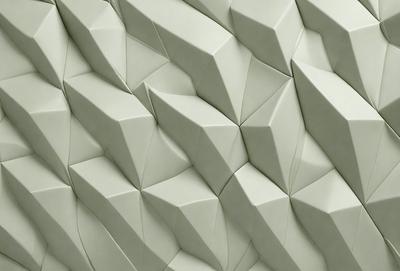 The primary subject of the image is a large, white, geometric wall design. The setting is a white wall, and the visual style appears to be a combination of digital art and illustration. The dominant colors are white and grey, creating a clean and modern atmosphere.
