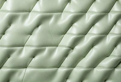 The primary subject of the image is a green leather couch with a unique, textured design. The setting is a room with a green background, which complements the couch's color. The visual style is a close-up of the couch, showcasing its intricate pattern. The colors and mood of the image are predominantly green, creating a calm and relaxing atmosphere.