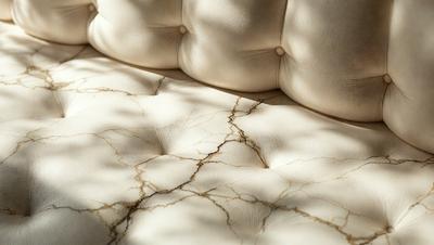 The primary subject of the image is a white couch with a marble-like texture. The couch is placed in a setting with a sunlit background, creating a warm and inviting atmosphere. The visual style of the image is a photo, capturing the couch's unique texture and appearance. The colors and mood of the image are predominantly white, with the marble-like texture adding a touch of sophistication and elegance to the overall scene.