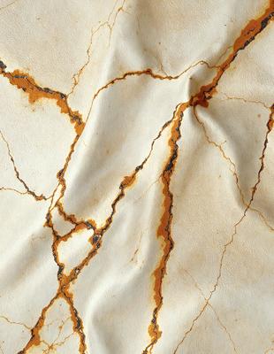 The primary subject of the image is a piece of fabric with a yellowish, orange-like color. The fabric appears to be a piece of leather, and it is displayed on a marble surface. The setting is a room with a marble wall, and the visual style is a close-up of the fabric. The colors and mood of the image are warm and inviting, with the yellowish hue of the fabric creating a sense of warmth and comfort.