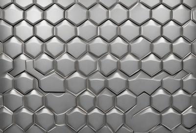 The primary subject of the image is a close-up of a silver, metallic surface with a pattern of hexagonal shapes. The setting is a wall, and the visual style appears to be a photo or a digital artwork. The dominant colors are silver and gray, creating a clean and modern atmosphere.