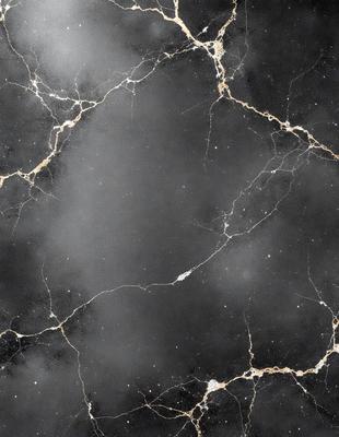 The primary subject of the image is a marble countertop with a black and gold pattern. The setting is a kitchen, and the visual style is a close-up of the countertop. The dominant colors are black and gold, creating a luxurious and elegant atmosphere.