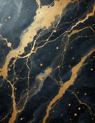 The primary subject of the image is a black and gold star pattern. The setting is a black and gold background, which creates a striking contrast with the star pattern. The visual style is a combination of digital art and illustration, giving the image a unique and artistic appearance. The dominant colors are black and gold, creating a bold and luxurious atmosphere.