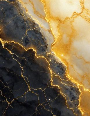 The primary subject of the image is a black and yellow rock with a yellow streak. The setting is a marble surface, and the visual style is a combination of photo and digital art. The dominant colors are black, yellow, and gold, creating a striking and visually appealing contrast. The overall atmosphere of the image is dynamic and captivating.