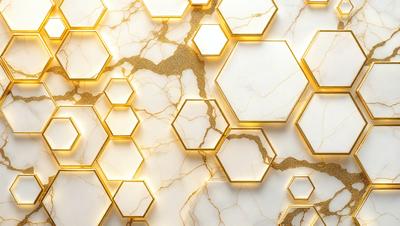 The primary subject of the image is a marble wall with a gold pattern. The setting is a room with a white background. The visual style is a combination of photo and digital art, creating a unique and intricate design. The dominant colors are gold and white, giving the wall a luxurious and elegant appearance.