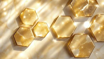 The primary subject of the image is a series of three gold hexagonal mirrors, each with a unique design. They are placed on a marble surface, which serves as the setting and background of the scene. The visual style of the image is a combination of photo and digital art, creating a modern and elegant appearance. The dominant colors in the image are gold and white, giving the scene a warm and sophisticated atmosphere.